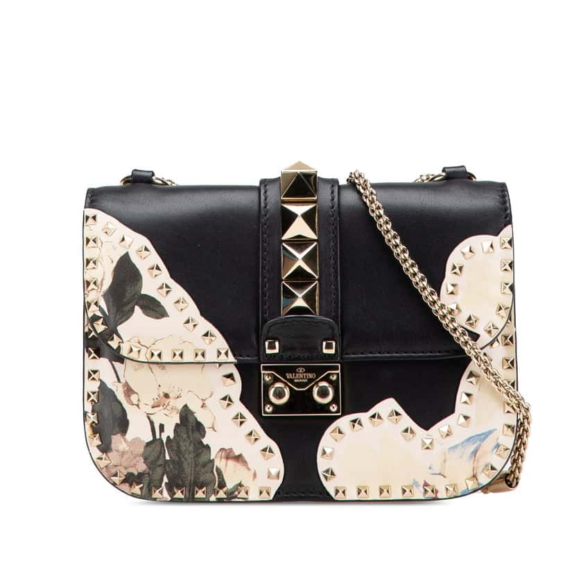 Valentino Small Kimono 1997 Print Glam Lock Shoulder Bag Black Leather Good condition - Front View
