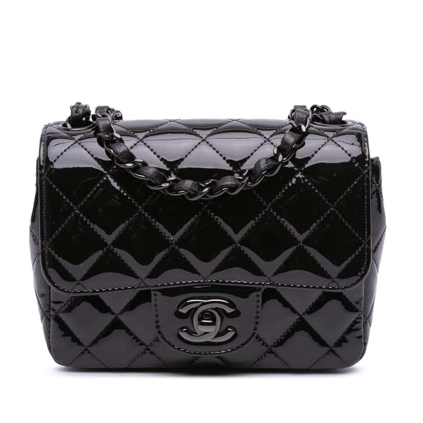 Chanel Mini Square Classic Patent So Black Single Flap Black Leather Good condition - Front View