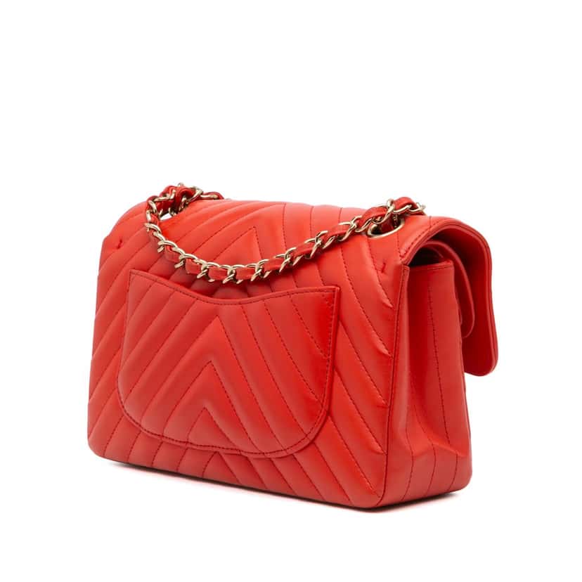 Chanel Small Classic Chevron Lambskin Double Flap Orange Leather Good condition - Back View