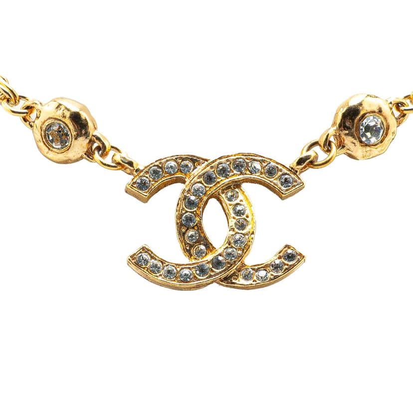 Chanel Gold Plated CC Rhinestone Pendant Necklace Gold Metal Good condition - Front View