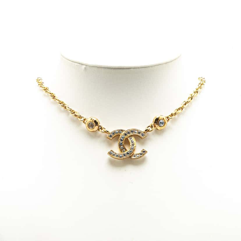 Chanel Gold Plated CC Rhinestone Pendant Necklace Gold Metal Good condition - Box View