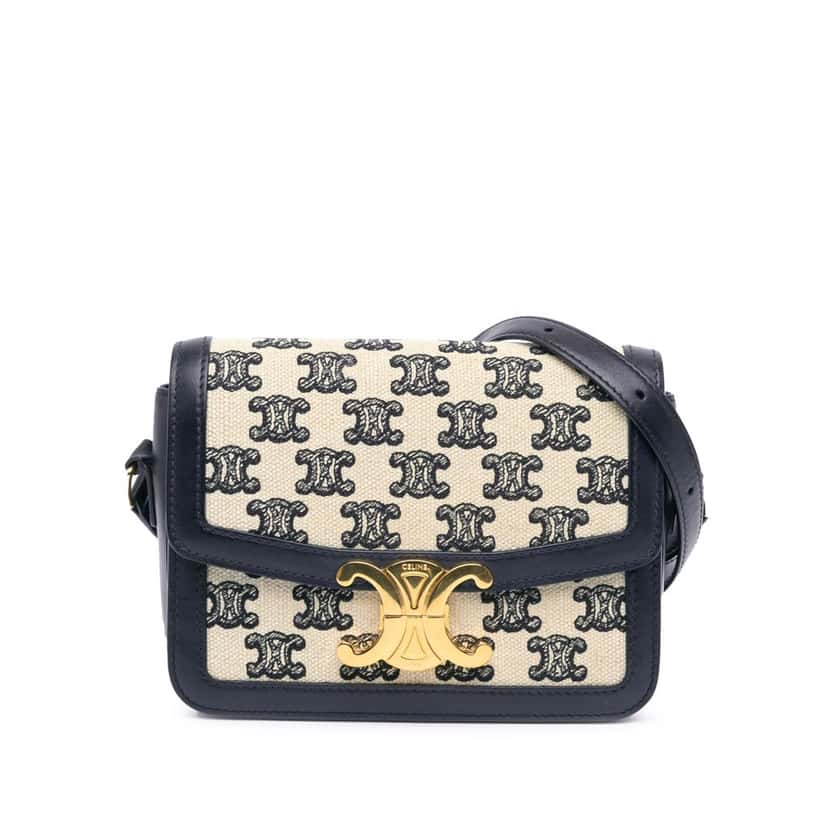 Celine Teen Embroidered Canvas and Calfskin Triomphe Crossbody White Canvas Good condition - Front View
