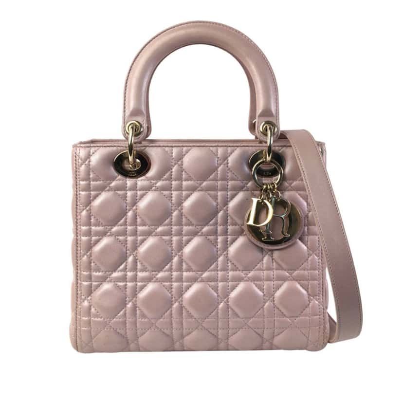 Dior Medium Pearlescent Lambskin Cannage Lady Dior Pink Leather Good condition - Front View