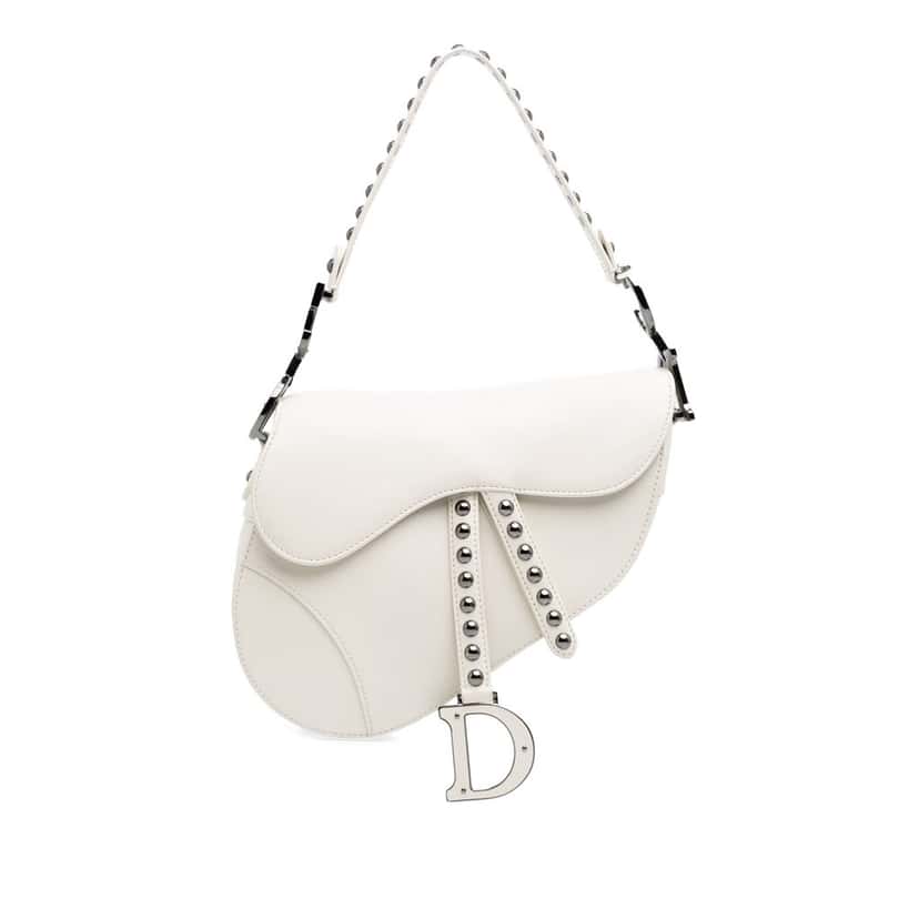 Dior Studded Leather Saddle Bag White Leather Good condition - Front View