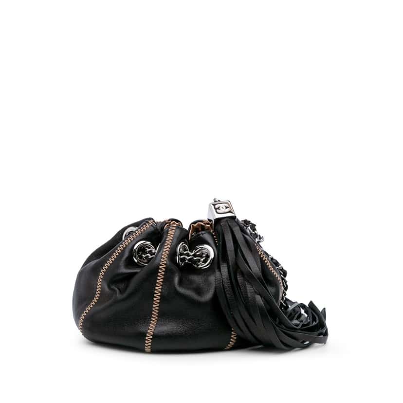 Chanel Mini Lambskin and Satin Reversible Sac Cordon Black Leather Good condition - Front View