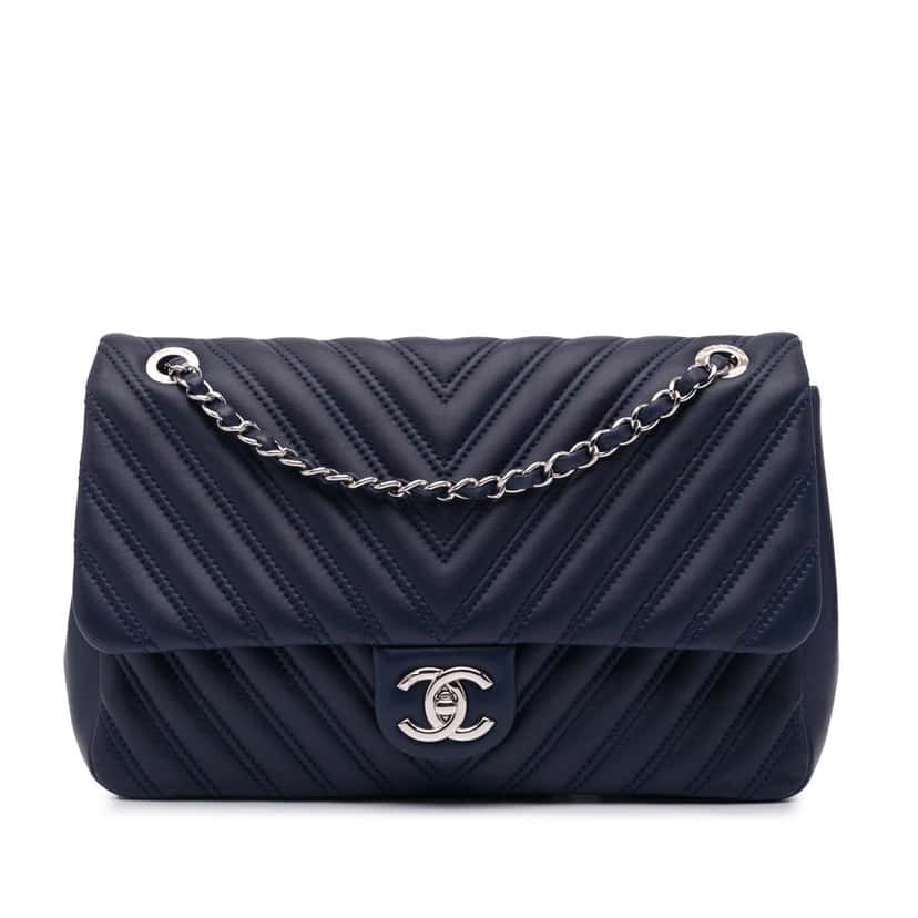 Chanel Jumbo Double Stitch Chevron Lambskin Single Flap Blue Leather Good condition - Front View
