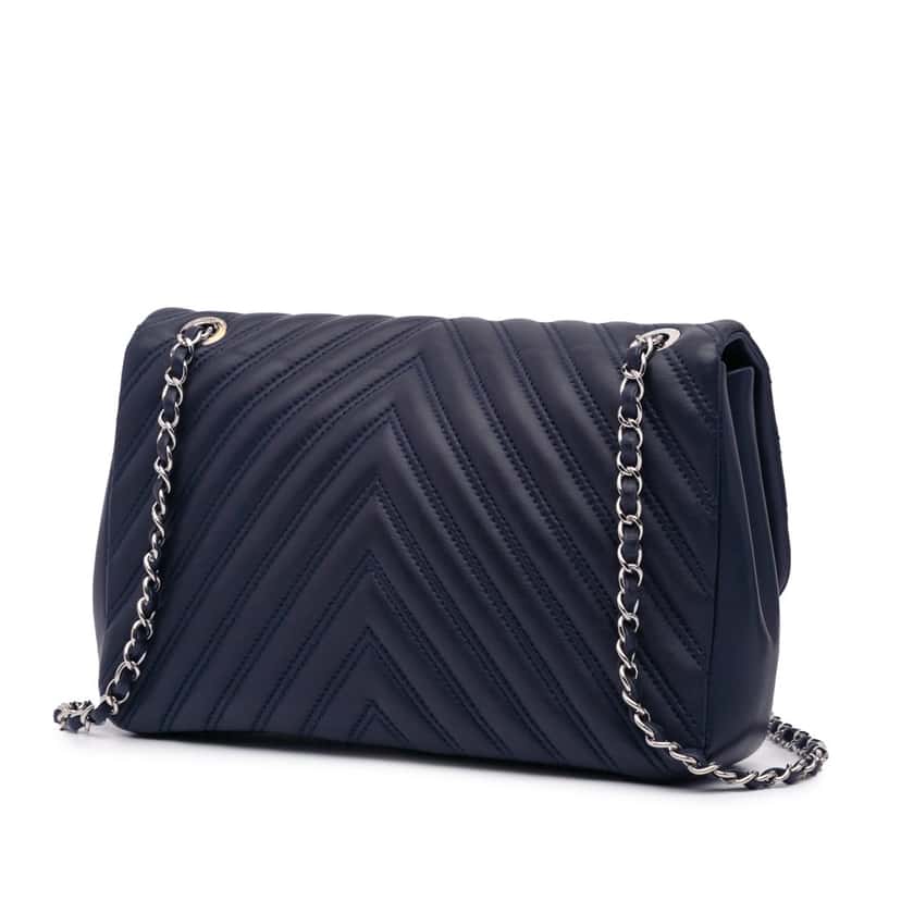 Chanel Jumbo Double Stitch Chevron Lambskin Single Flap Blue Leather Good condition - Back View