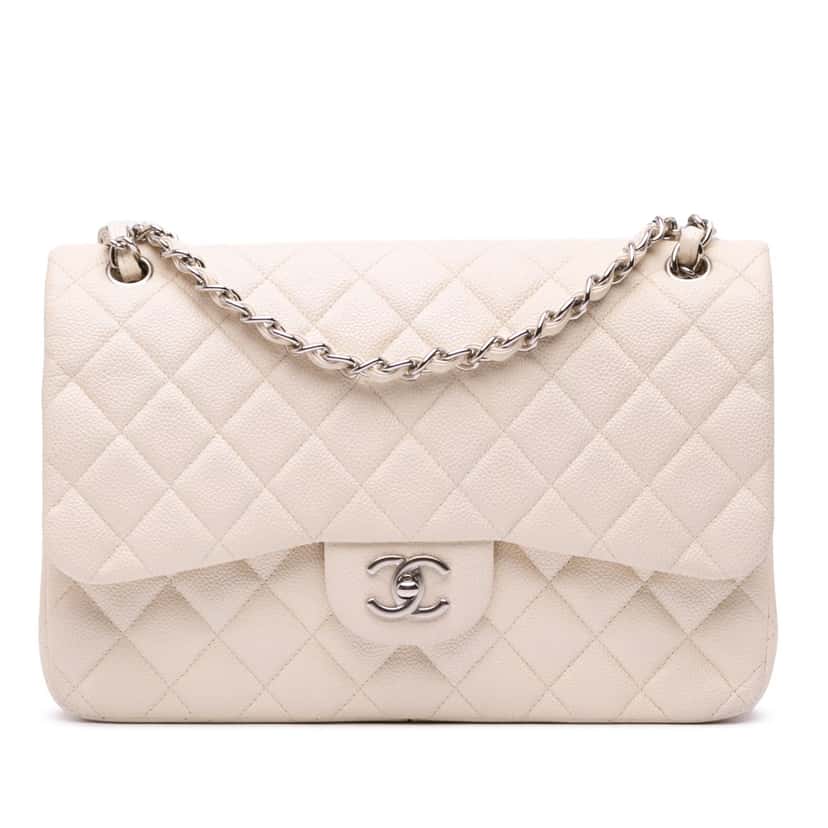 Chanel Jumbo Classic Caviar Double Flap White Leather Good condition - Front View