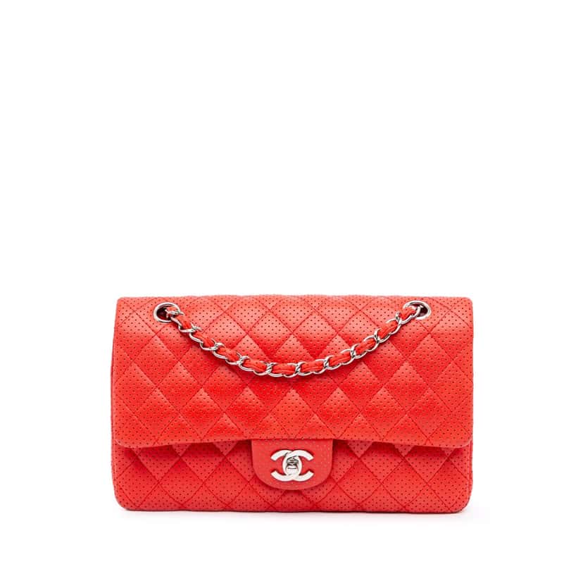 Chanel Medium Classic Perforated Lambskin Double Flap Red Leather Good condition - Front View