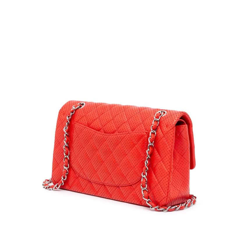 Chanel Medium Classic Perforated Lambskin Double Flap Red Leather Good condition - Back View