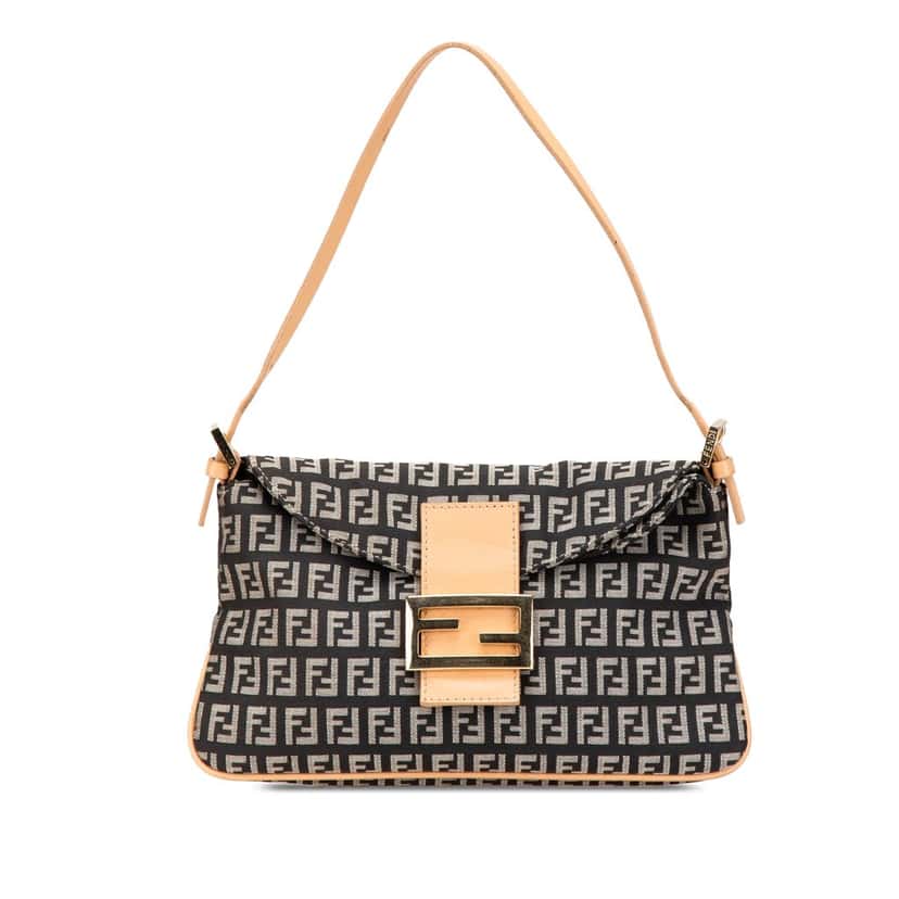 Fendi Zucchino Canvas Double Flap Shoulder Bag Black Canvas Good condition - Front View