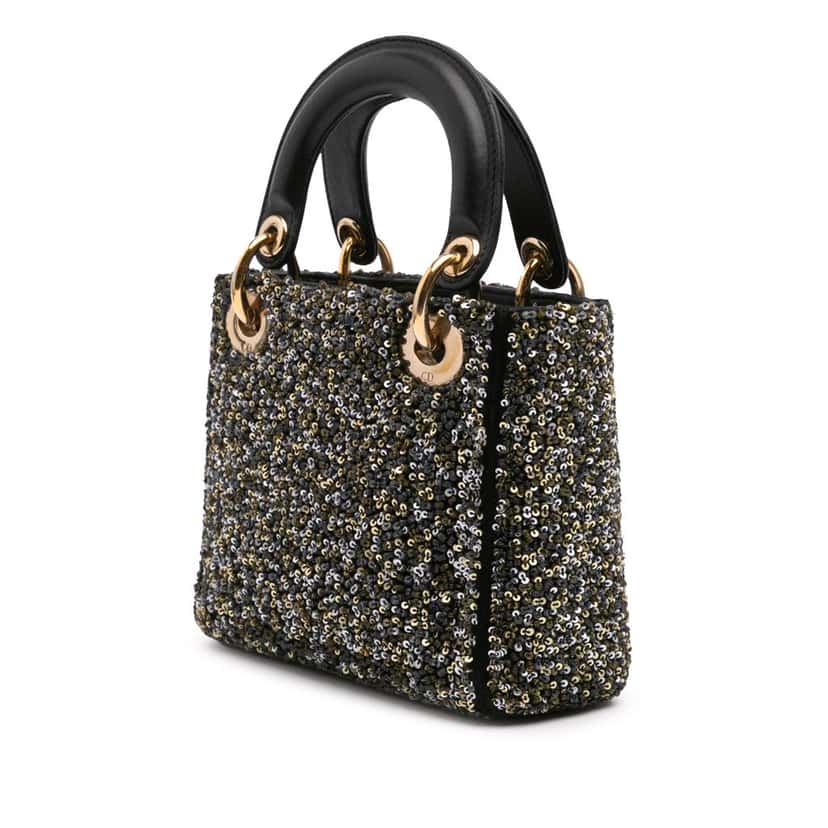 Dior Mini Satin Sequin Embroidered Lady Dior Black Satin Good condition - Back View