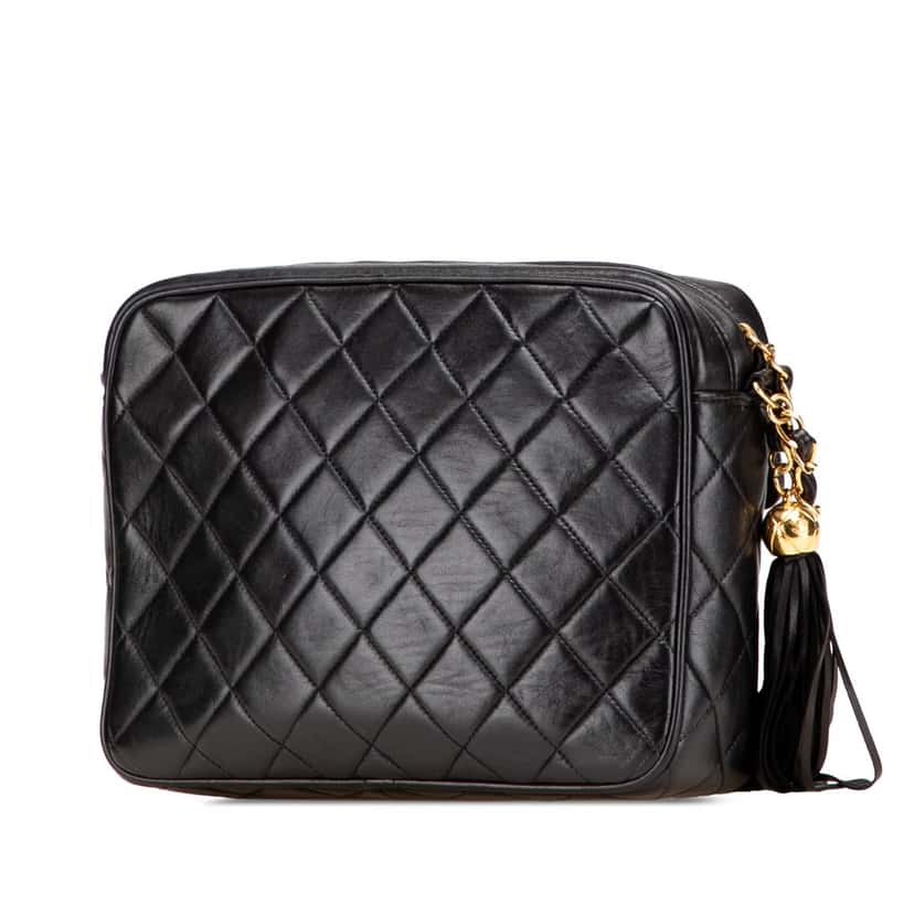 Chanel Small CC Quilted Lambskin Tassel Flap Camera Bag Black Leather Good condition - Back View