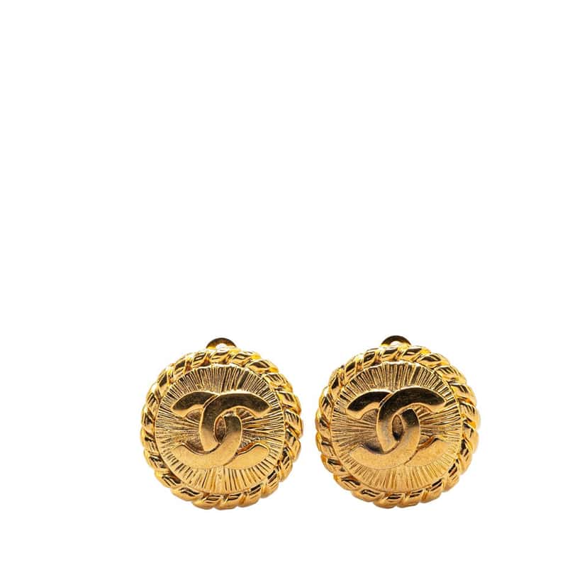 Chanel Gold Plated CC Round Clip on Earrings Gold Metal Good condition - Front View