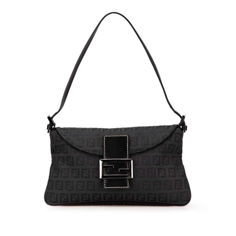 Fendi Zucchino Canvas Double Flap Shoulder Bag Black Canvas Good condition - Front View