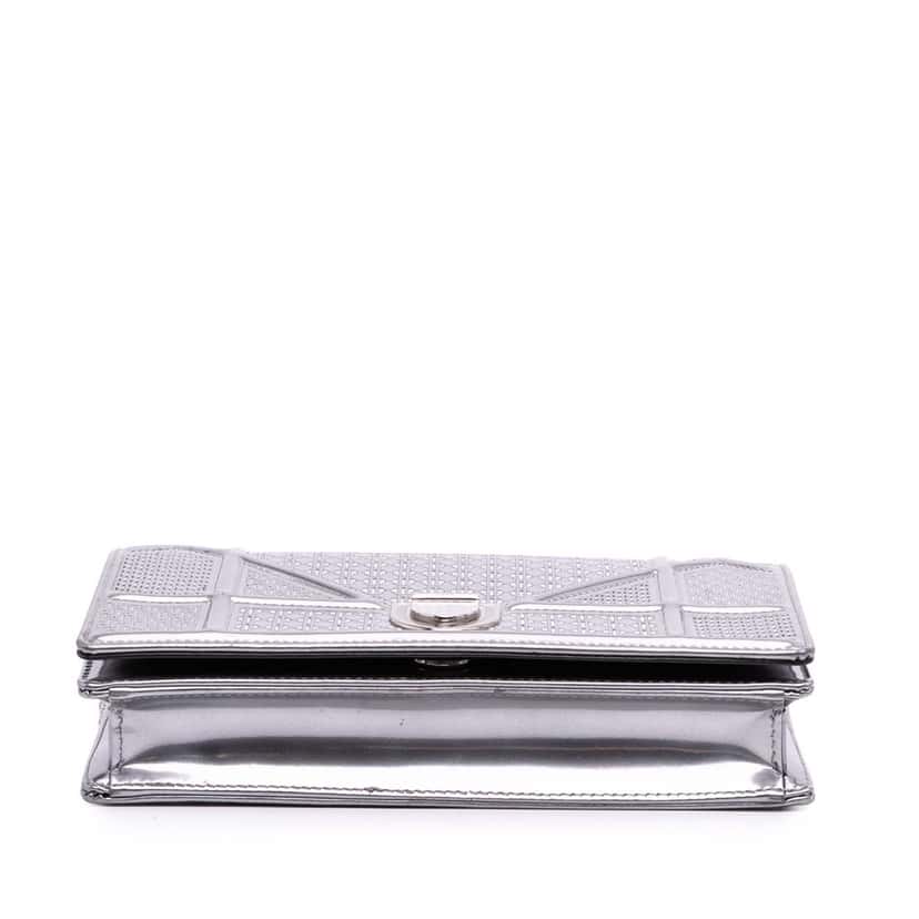 Dior Metallic Patent Microcannage Diorama Wallet on Chain Silver Leather Good condition - Inside View