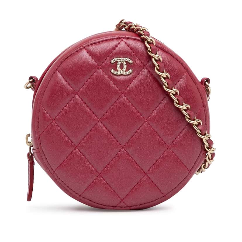 Chanel Quilted Lambskin Round Pearl Clutch with Chain Red Leather Good condition - Front View