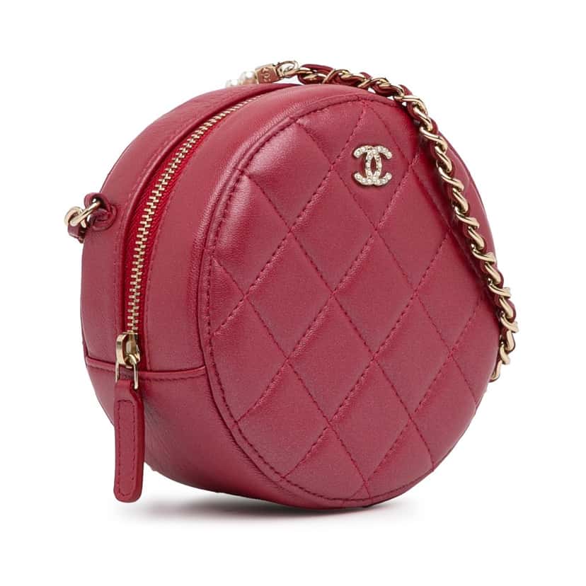Chanel Quilted Lambskin Round Pearl Clutch with Chain Red Leather Good condition - Back View