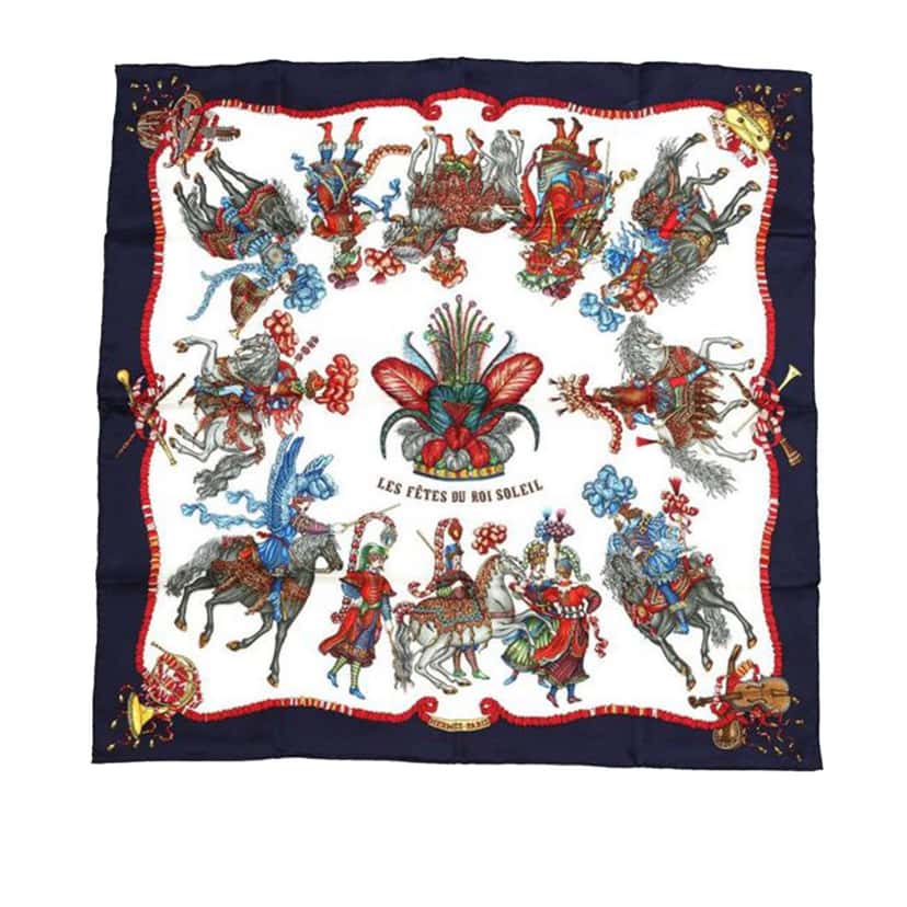 Hermès Les Fetes Du Roi Soleil Silk Scarf White Silk Good condition - Front View