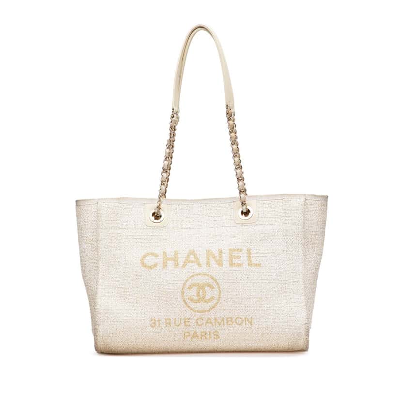 Chanel Small Lurex Boucle Deauville Tote White Canvas Good condition - Front View