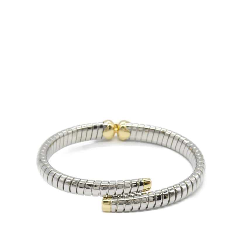 Bvlgari Stainless Steel and 18K Yellow Gold Tubogas Hearts Open Flex Bangle Silver Stainless steel Good condition - Front View