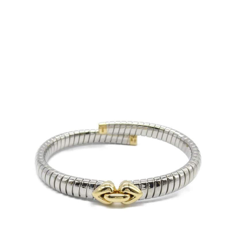 Bvlgari Stainless Steel and 18K Yellow Gold Tubogas Hearts Open Flex Bangle Silver Stainless steel Good condition - Back View