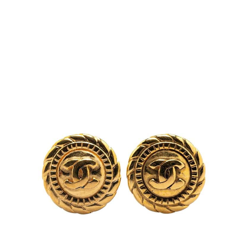 Chanel Gold Plated CC Round Clip on Earrings Gold Metal Good condition - Front View