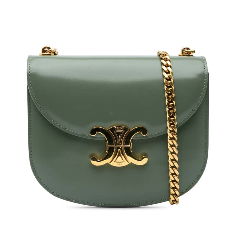 Celine Teen Shiny Calfskin Triomphe Besace Clea Chain Crossbody Green Leather Good condition - Front View