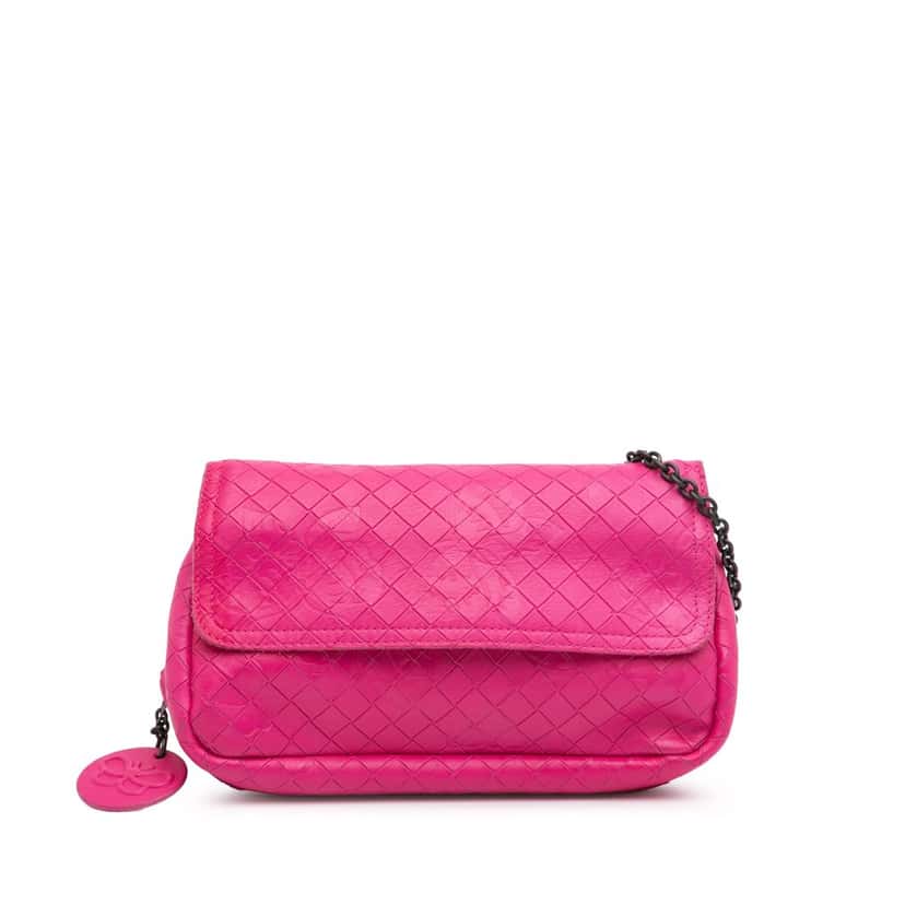 Bottega Veneta Small Calfskin Intrecciomirage Embossed Butterfly Chain Crossbody Pink Leather Very good condition - Front View