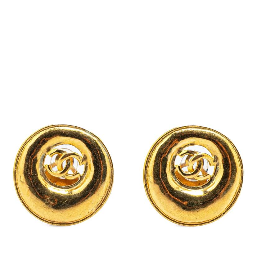Chanel Gold Plated CC Round Button Clip On Earrings Gold Metal Good condition - Front View