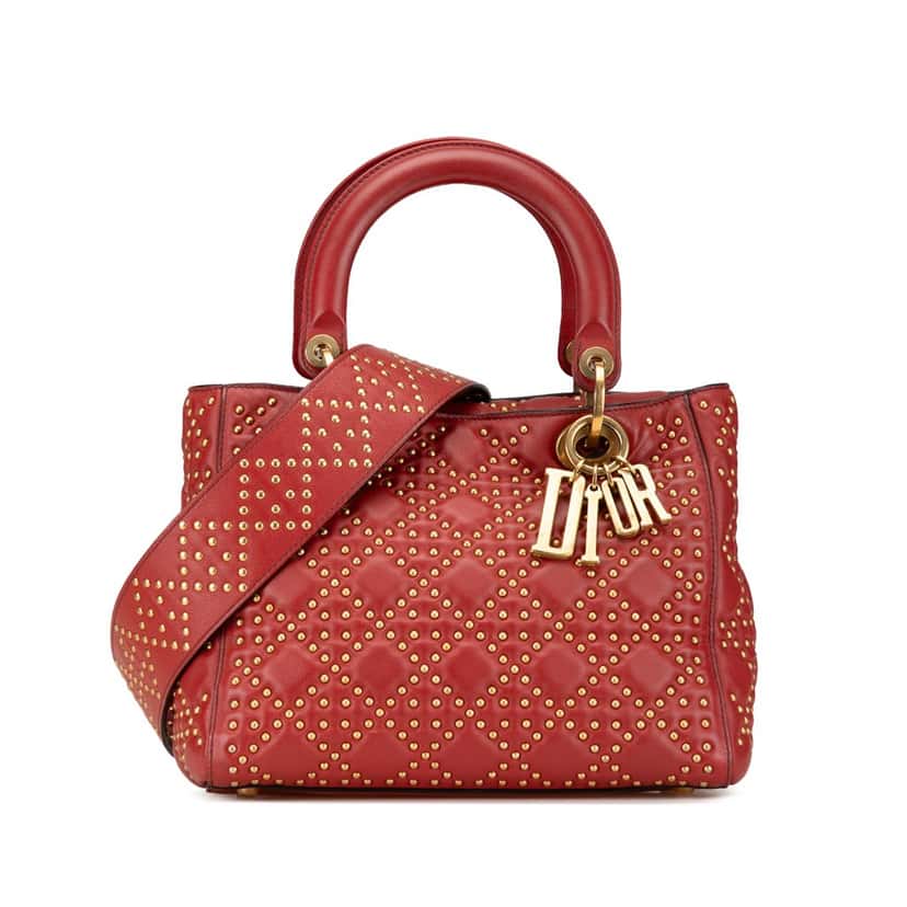 Dior Medium Lambskin Cannage Studded Supple Lady Dior Red Leather Good condition - Front View
