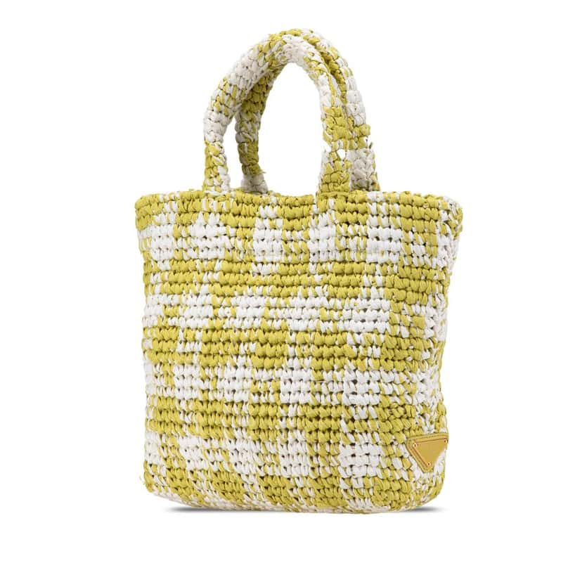 Prada Small Raffia Effect Crochet Embroidered Logo Tote Yellow Good condition - Back View