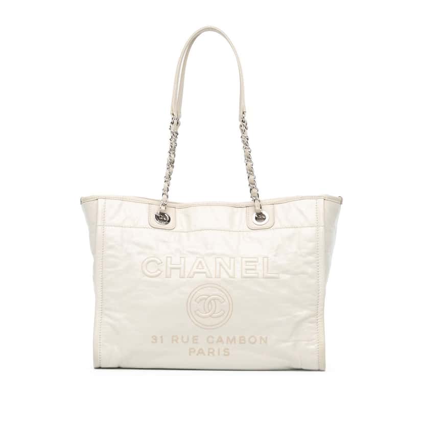 Chanel Small Glazed Calfskin Deauville Tote White Leather Good condition - Front View