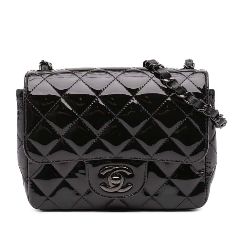 Chanel Mini Square Classic Patent So Black Single Flap Black Leather Good condition - Front View