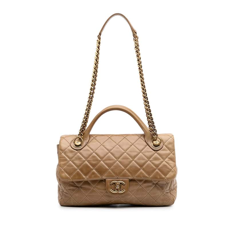 Chanel Medium Glazed Calfskin Castle Rock Top Handle Flap Brown Leather Good condition - Front View