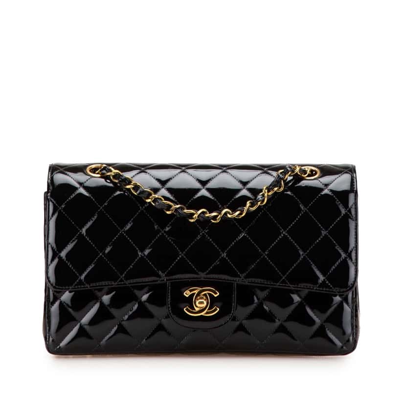 Chanel Medium Classic Patent Double Flap Black Leather Good condition - Front View