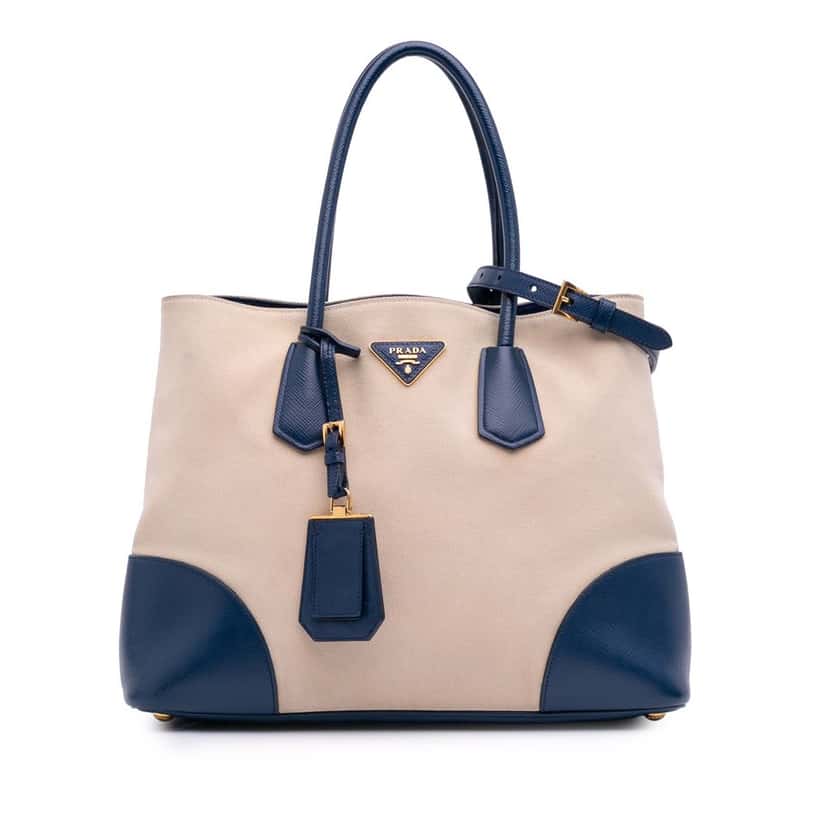 Prada Large Canapa and Saffiano Double Satchel Brown Canvas Good condition - Front View