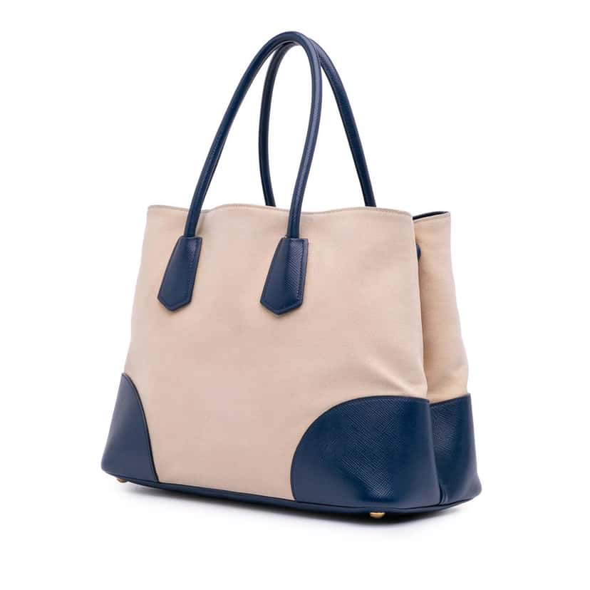 Prada Large Canapa and Saffiano Double Satchel Brown Canvas Good condition - Back View
