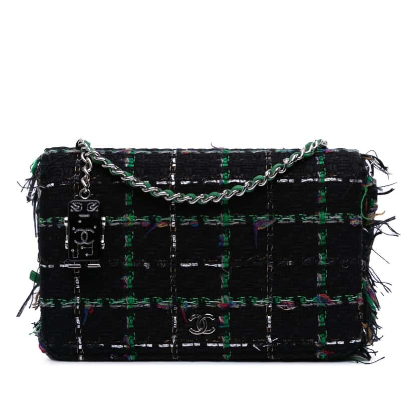 Chanel Quilted Boucle Tweed Robot Charm Wallet On Chain Black Tweed Good condition - Front View