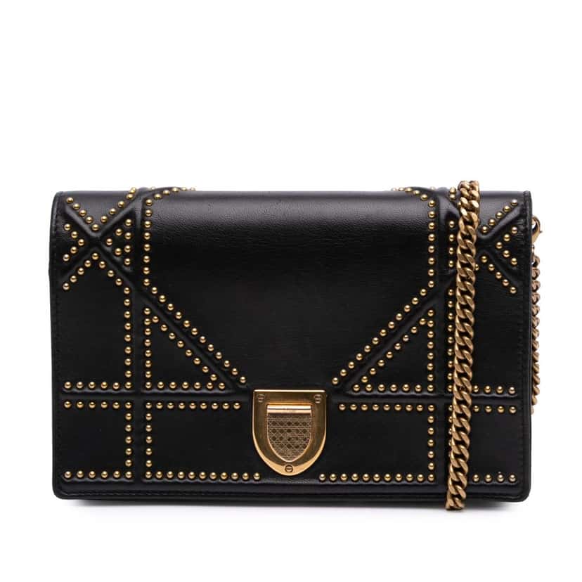Dior Calfskin Studded Diorama Wallet on Chain Black Leather Good condition - Front View