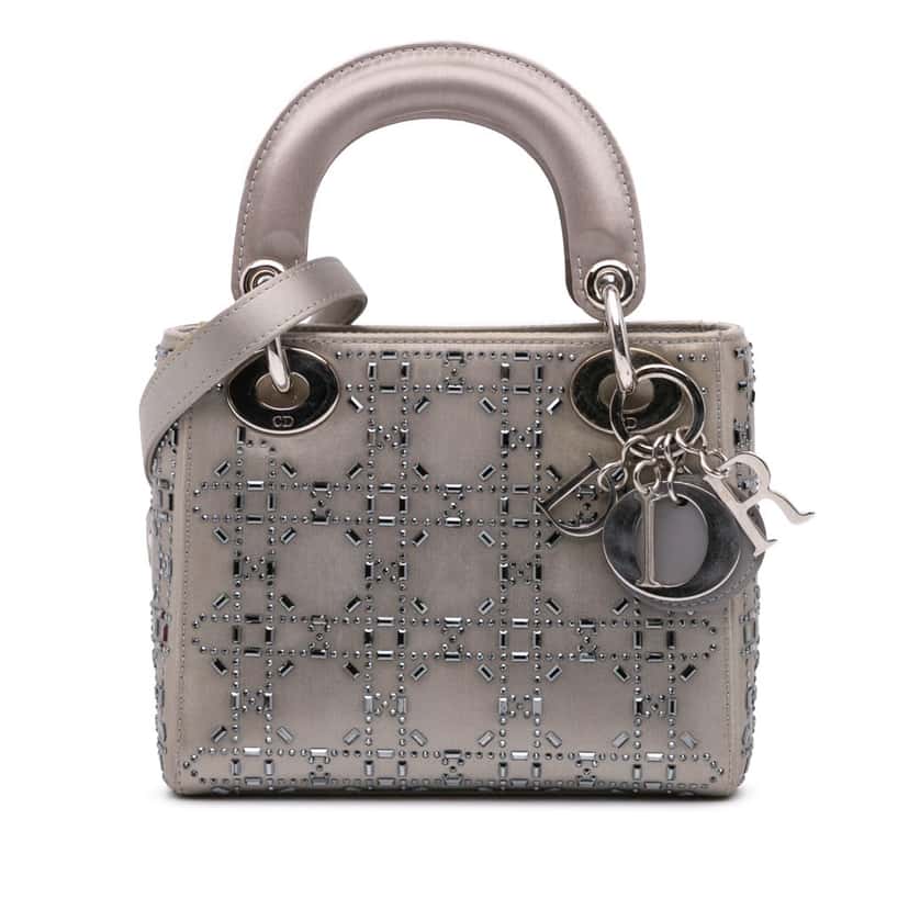 Dior Mini Satin Cannage Strass Crystal Embellished Lady Dior Grey Satin Good condition - Front View