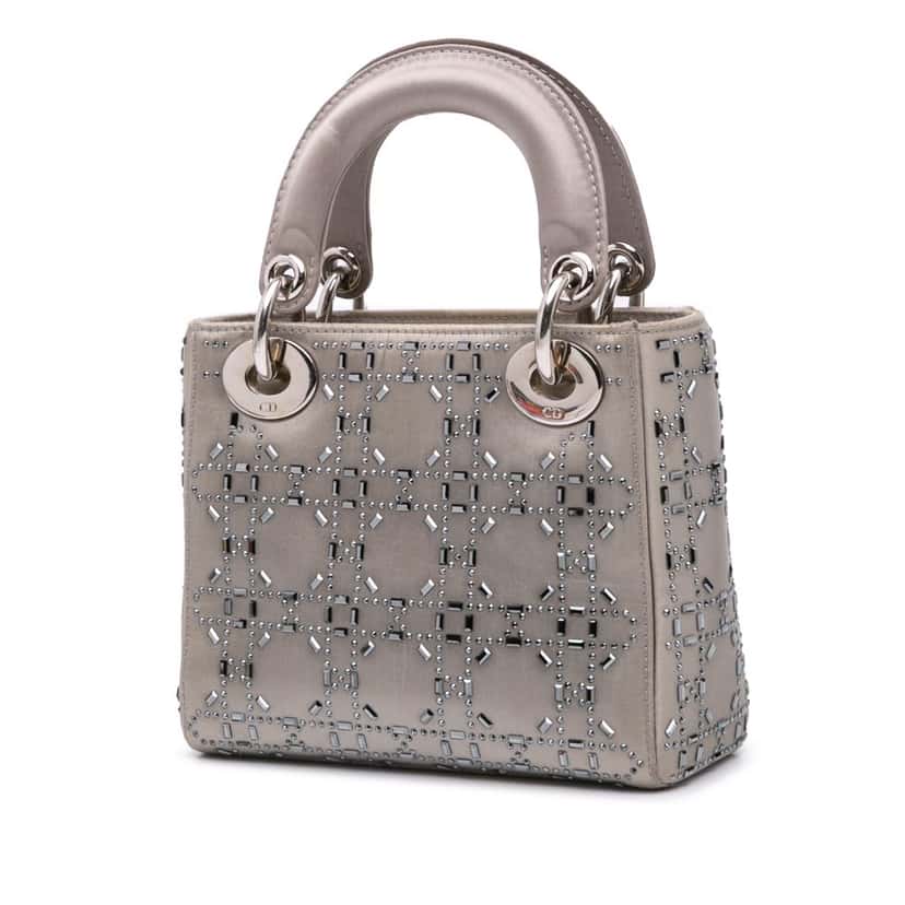 Dior Mini Satin Cannage Strass Crystal Embellished Lady Dior Grey Satin Good condition - Back View