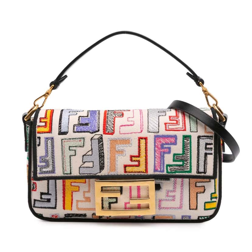 Fendi Chinese Valentines Day Mini Zucca Embroidered Canvas Baguette Satchel Brown Canvas Good condition - Front View