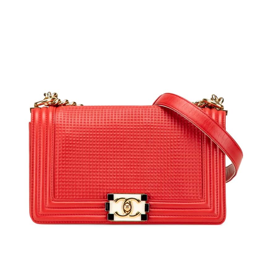 Chanel Old Medium Lambskin Embossed Cube Boy Flap Red Leather Good condition - Front View
