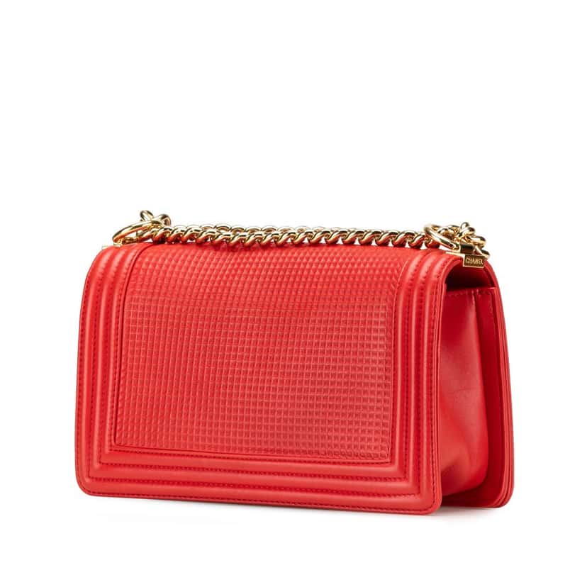 Chanel Old Medium Lambskin Embossed Cube Boy Flap Red Leather Good condition - Back View