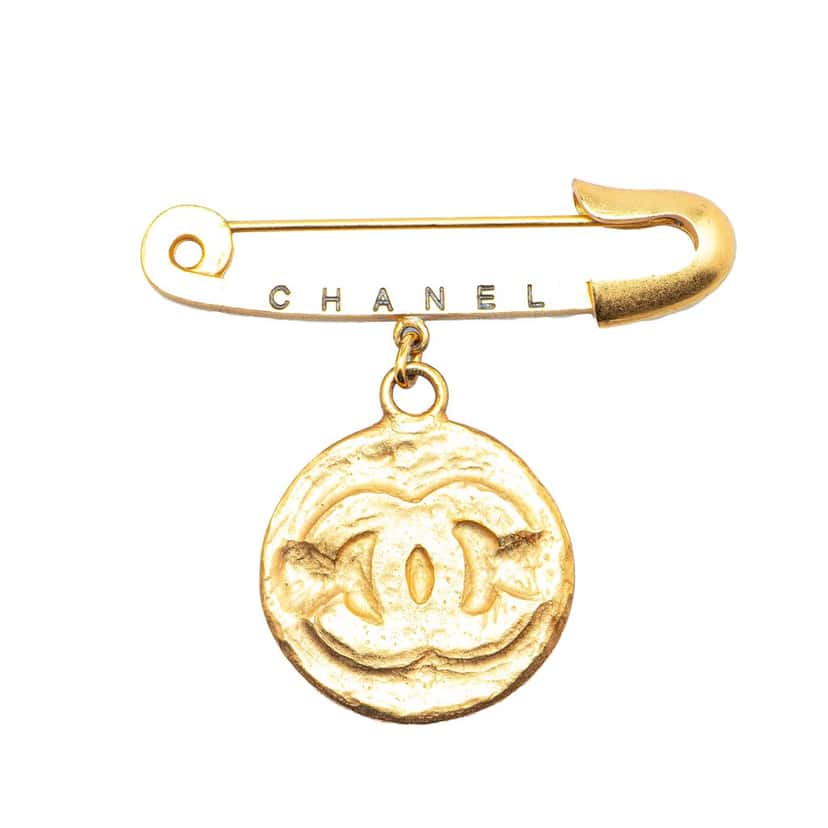 Chanel Gold Plated CC Medallion Safety Pin Brooch Gold Metal Good condition - Back View