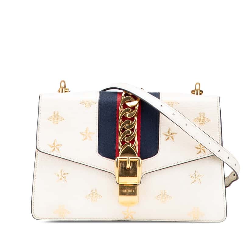 Gucci Small Leather Bee Star Sylvie Satchel White Leather Good condition - Front View