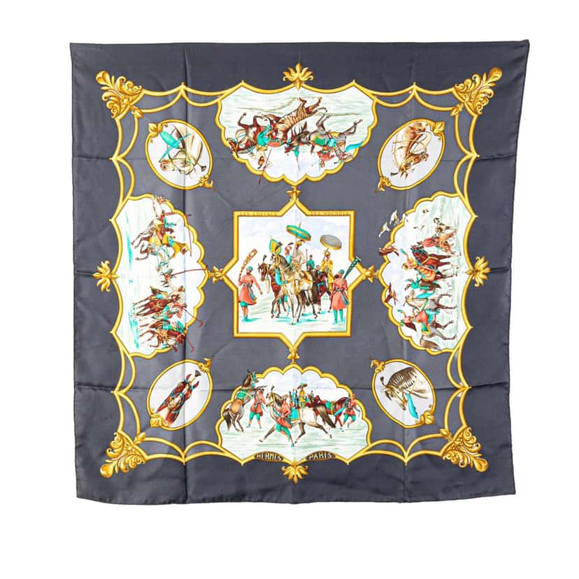 Hermès Les Chevaux des Moghols Silk Scarf Blue Silk Good condition - Front View