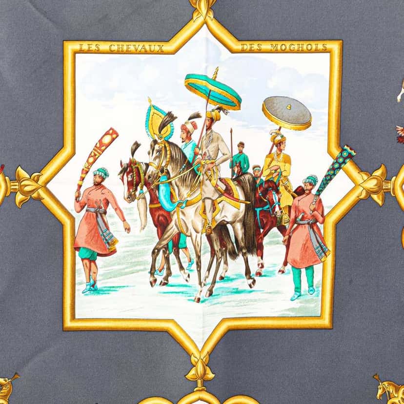 Hermès Les Chevaux des Moghols Silk Scarf Blue Silk Good condition - Back View