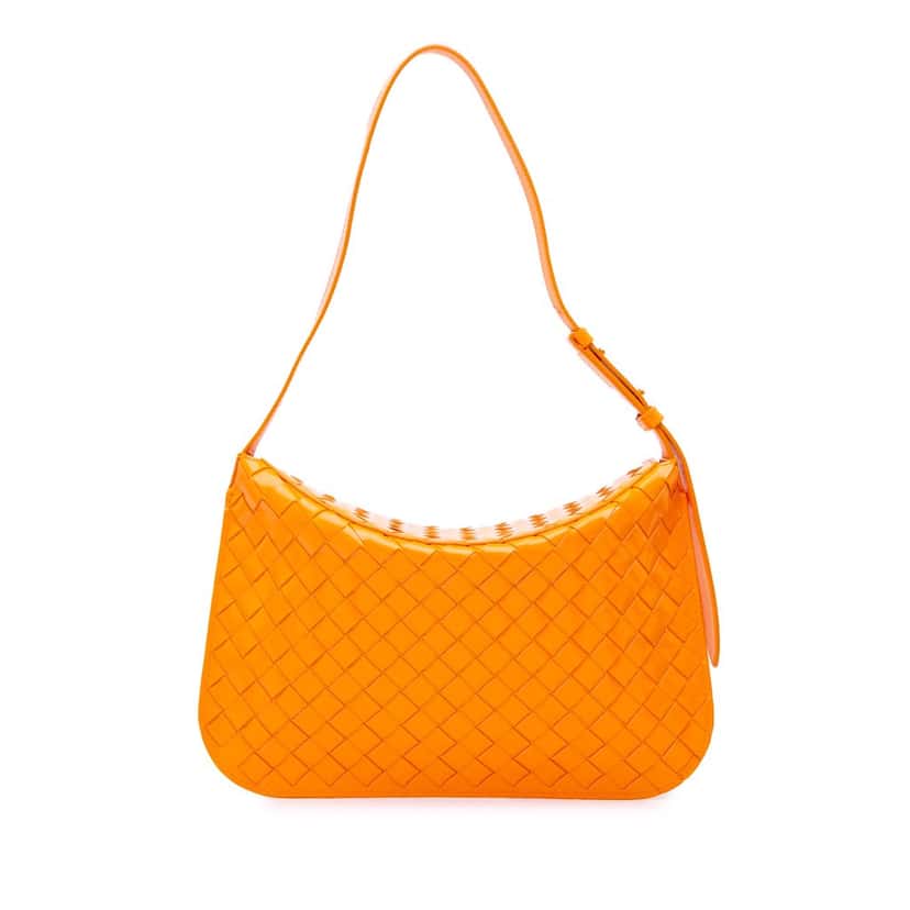 Bottega Veneta Brushed Calfskin Intrecciato Cradle Fold Over Shoulder Bag Orange Leather Good condition - Front View